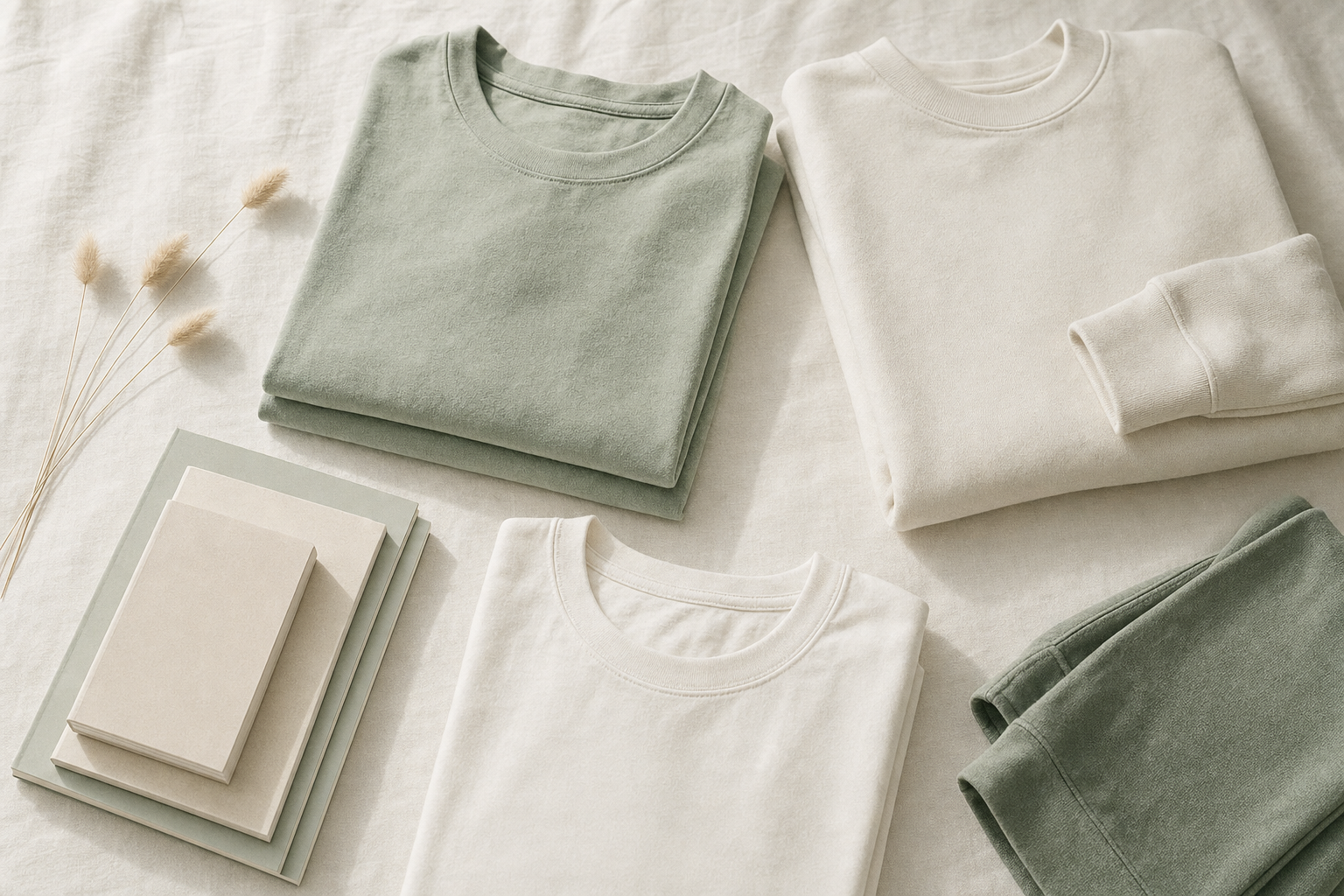 Flat-lay of folded sage and ivory tees, a crewneck, and notepads on linen