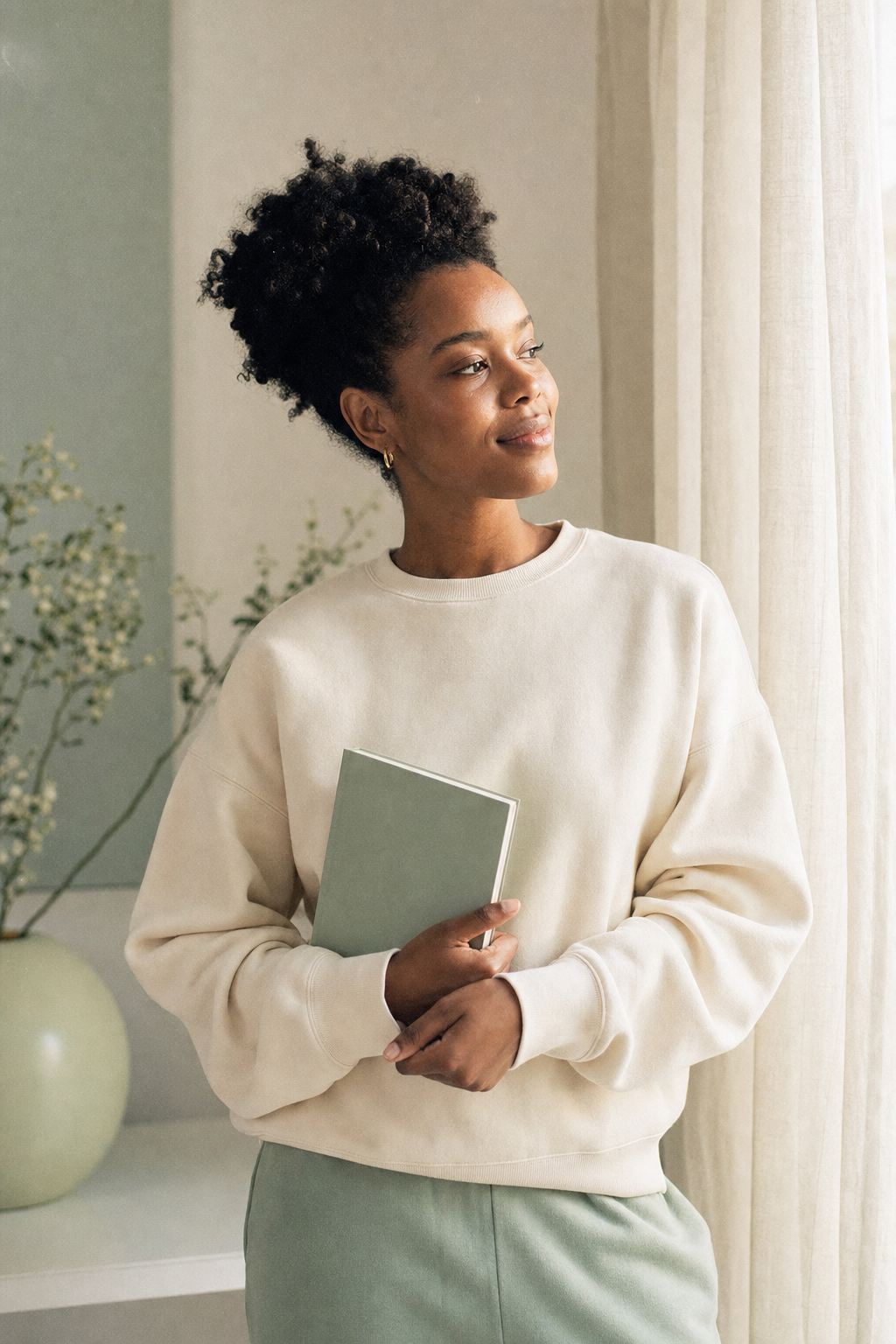 A Black woman wearing an ivory crewneck holding a sage notepad by a sunlit window