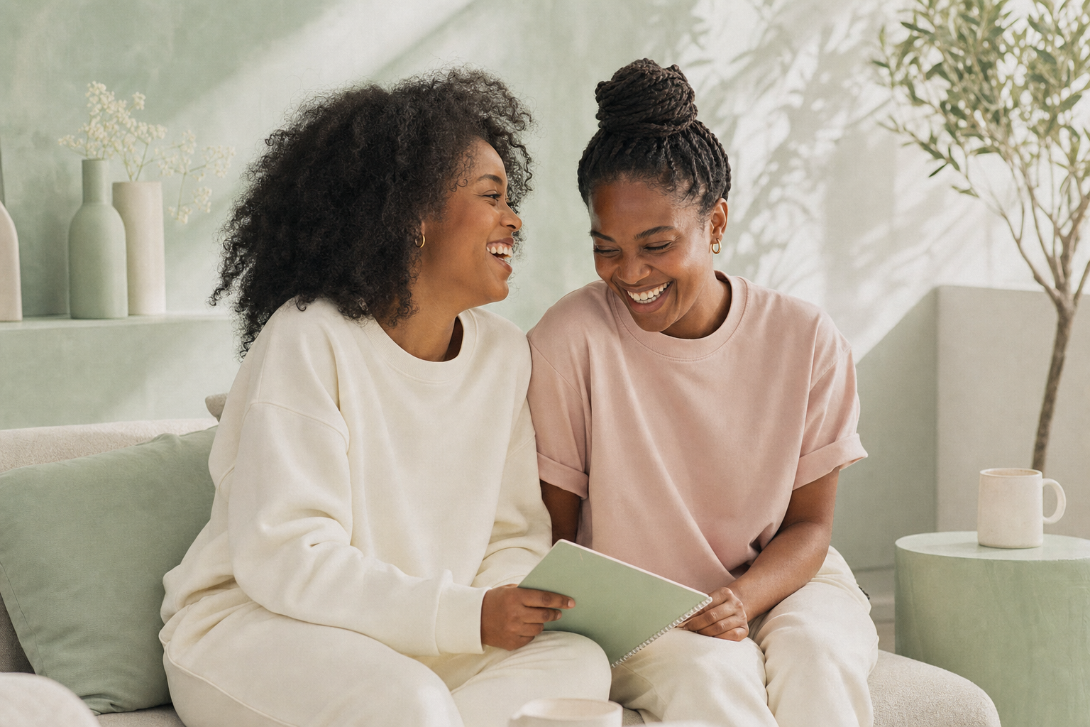 Two Black friends laughing together in a sunlit room wearing ivory and blush apparel