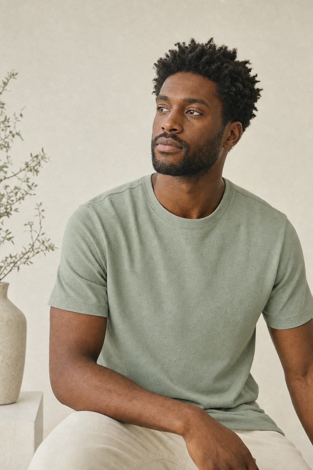 A Black man wearing a sage green tee against an ivory background