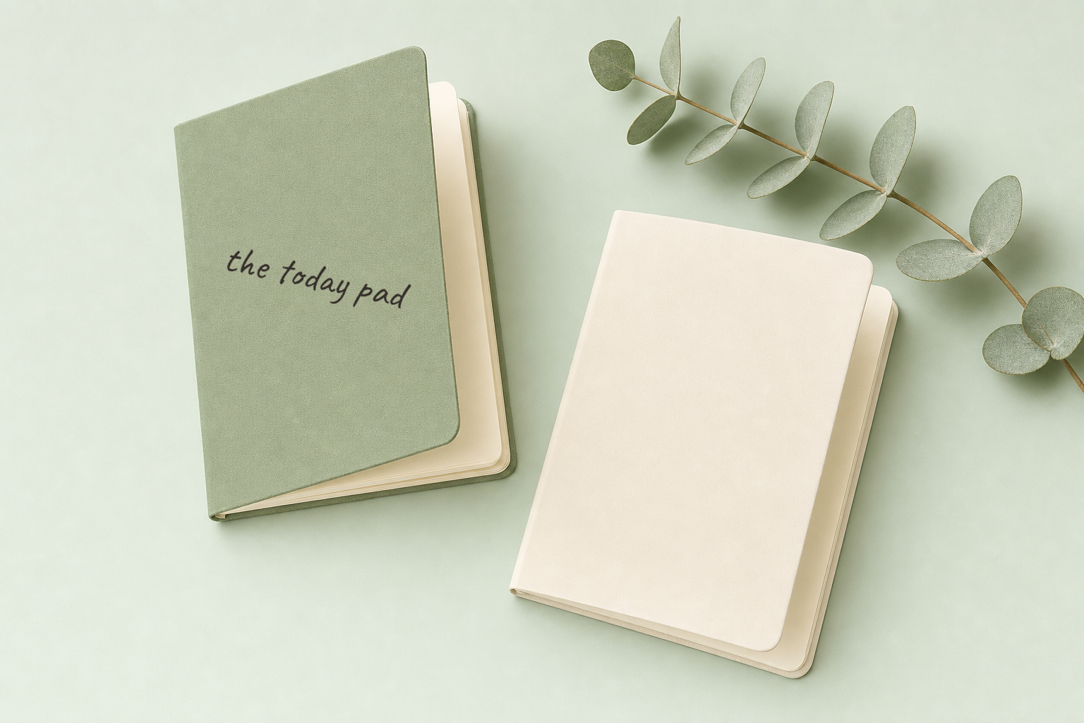 Sage and ivory notepads with eucalyptus