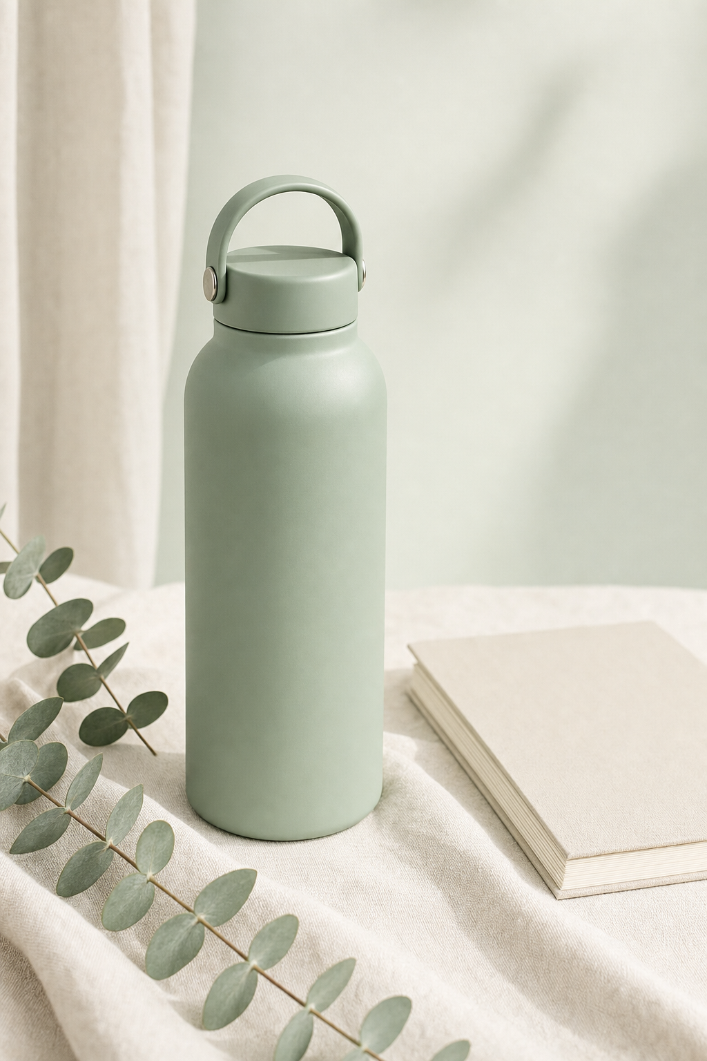 Sage green matte reusable water bottle with a notepad and eucalyptus